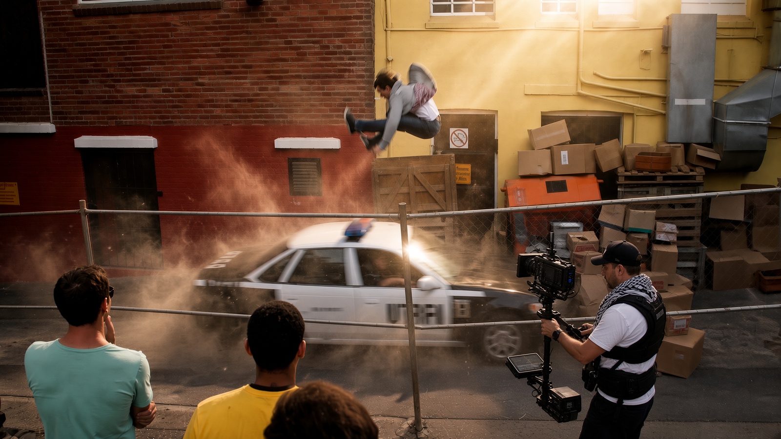 Chase Armitage jumping over a police car on a film set