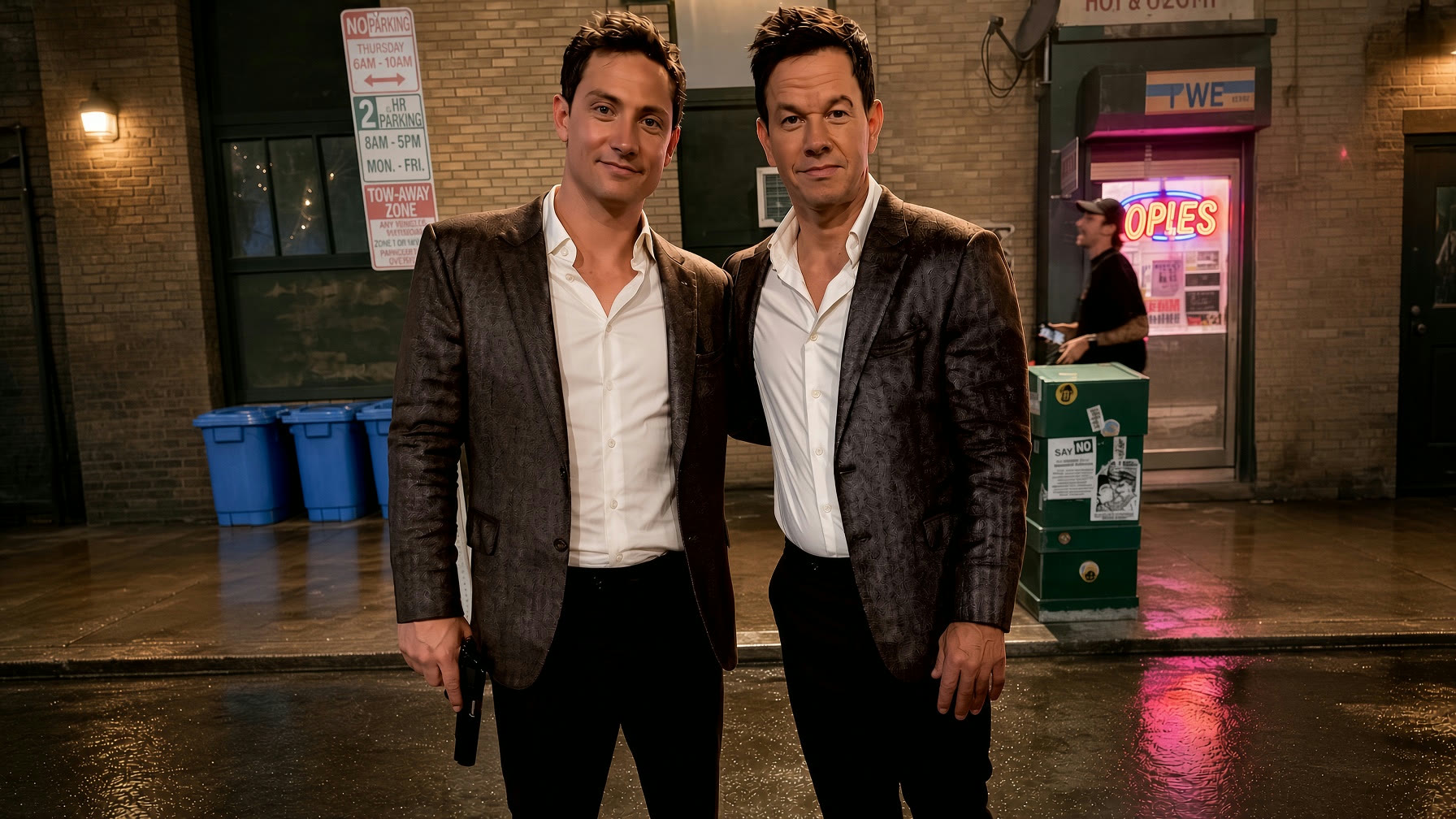 Chase Armitage with Mark Wahlberg in matching suits on the Play Dirty movie set