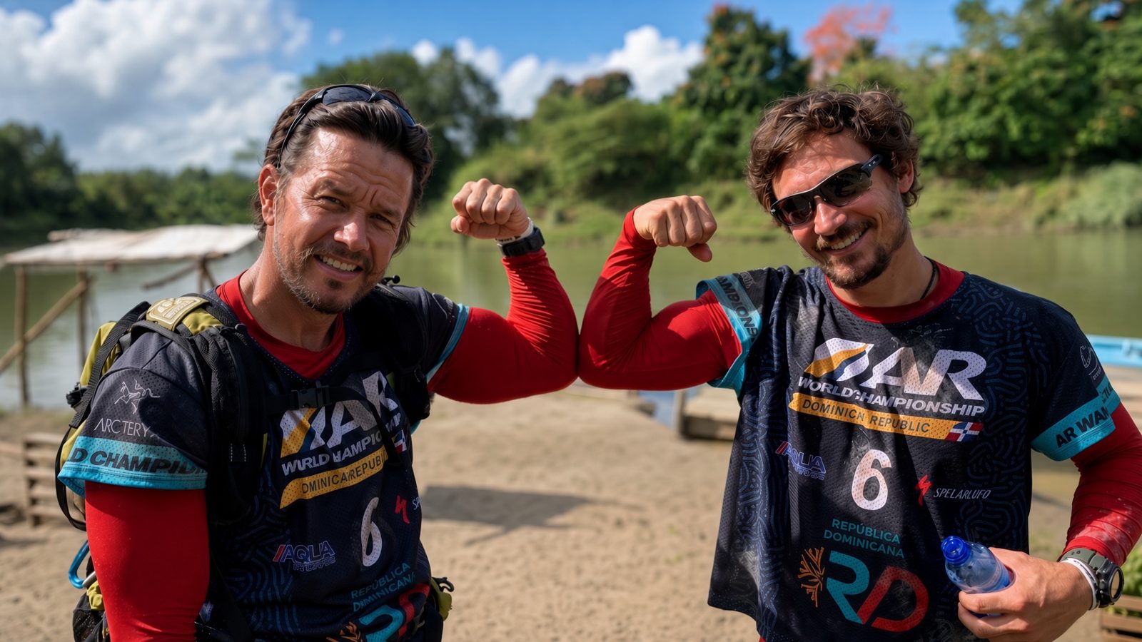 CHASE ARMITAGE AND MARK WAHLBERG FLEXING ON LOCATION FOR THE ADVENTURE RACE MOVIE ARTHUR THE KING